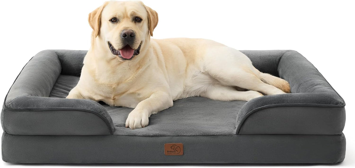 Yellow Labrador reclining on a dark gray rectangular bolster dog bed photographed from the front.