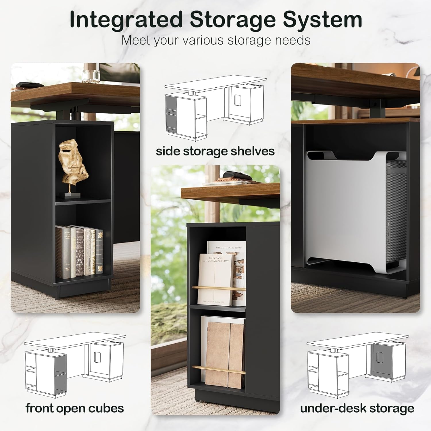 Integrated storage system collage highlighting side open cubes, under-desk storage and front open shelving on the pedestal