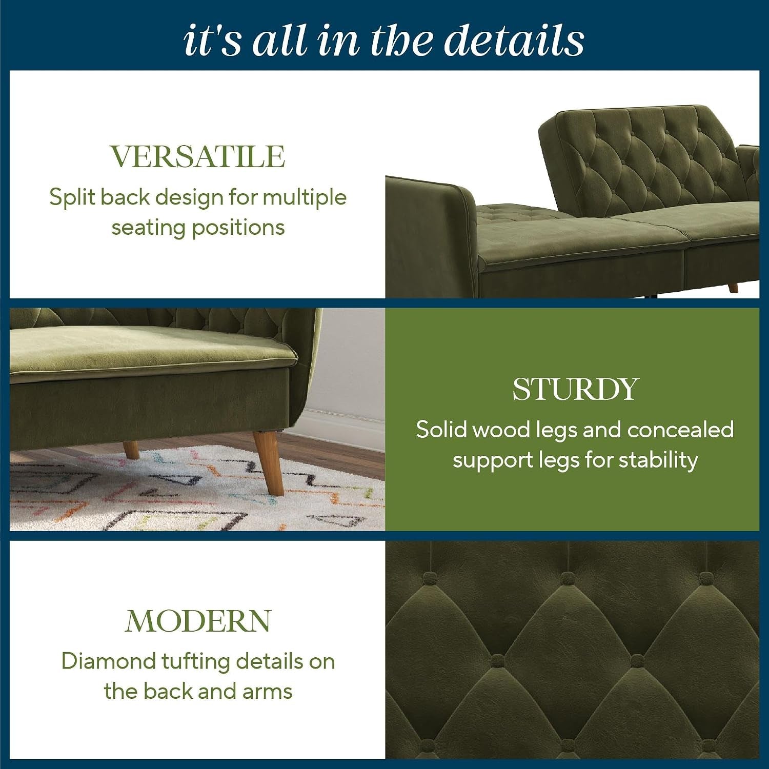 Four-panel collage showing split-back sofa, close-up tufting and wooden legs in green velvet.