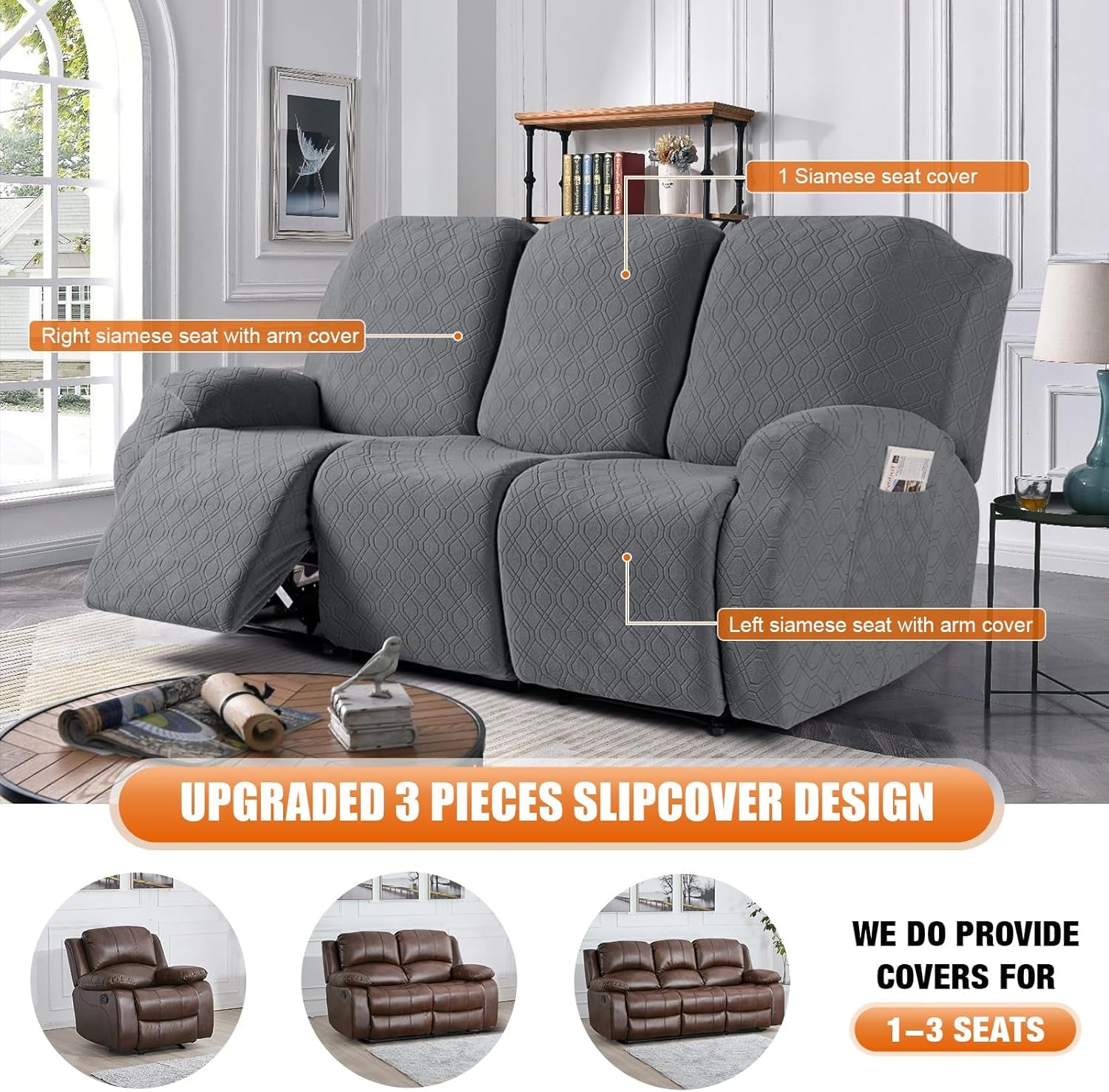 Dark gray three-piece slipcover on a reclining sofa with labels indicating siamese seat sections.