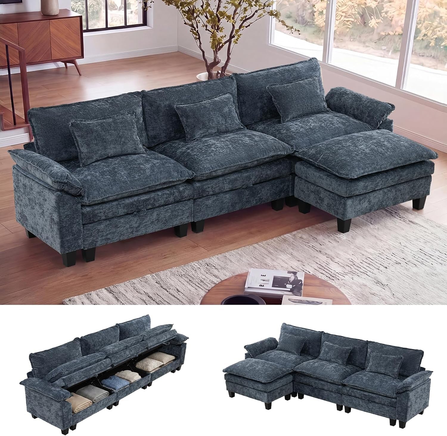 Deep blue-green sectional with chaise and ottoman pieces shown in a sunlit room