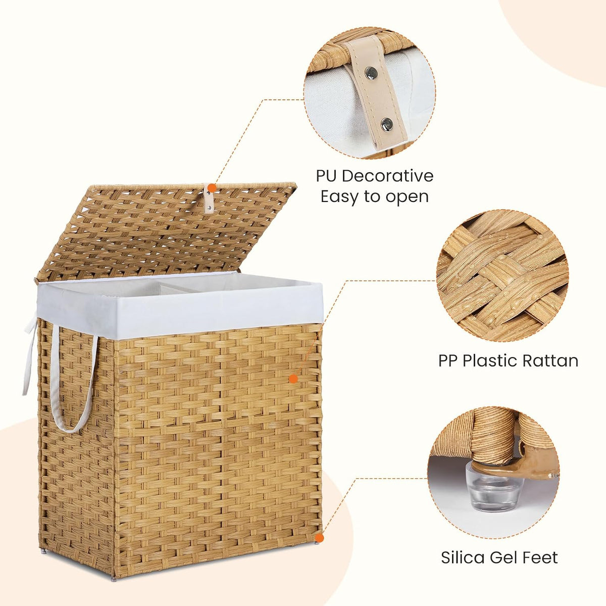 Detail collage showing woven lid texture, PU strap detail, and silicone feet on the rattan hamper