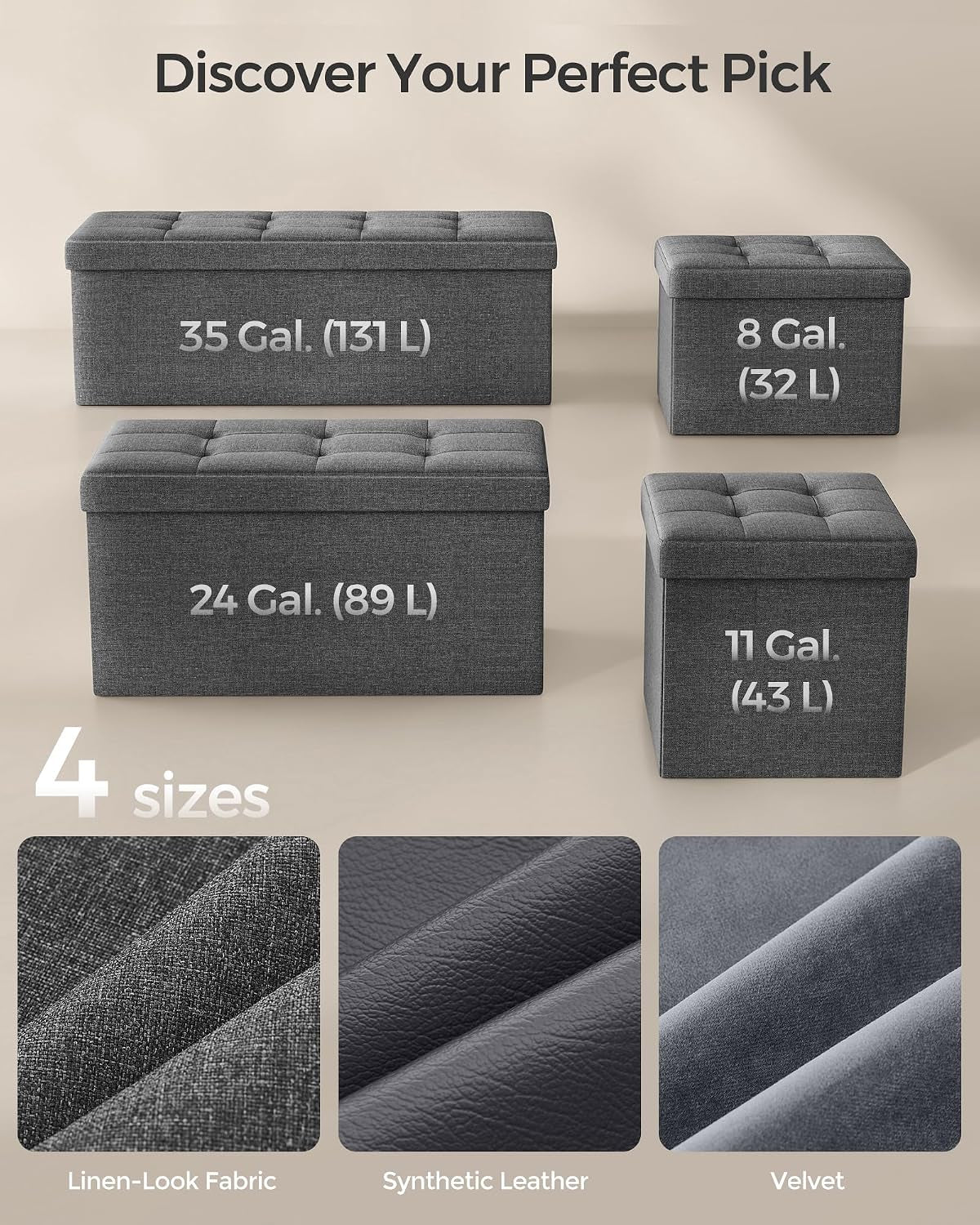Four dark-gray folding storage ottomans in different sizes with three fabric close-up swatches below.