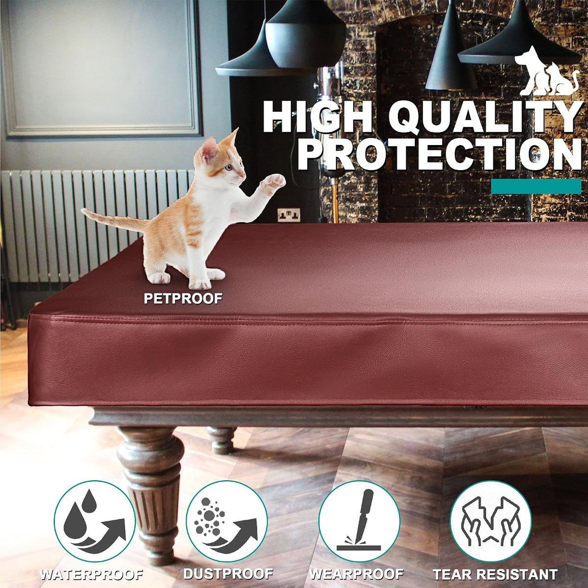 Close view of the burgundy cover on a table with a kitten standing on top and benefit icons below.