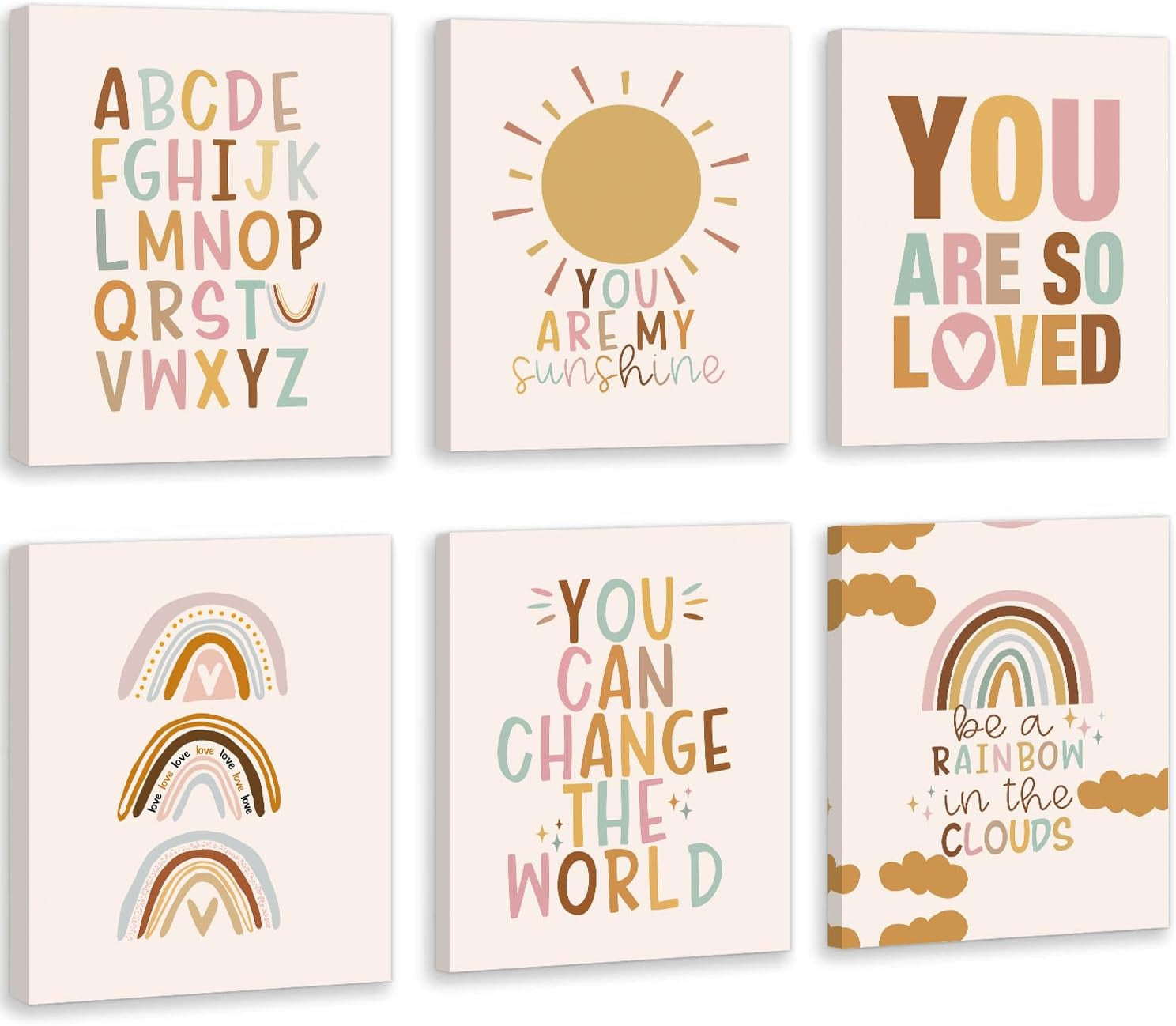Six pastel framed prints arranged in two rows showing alphabet, sun, uplifting phrases and rainbows on pale background.