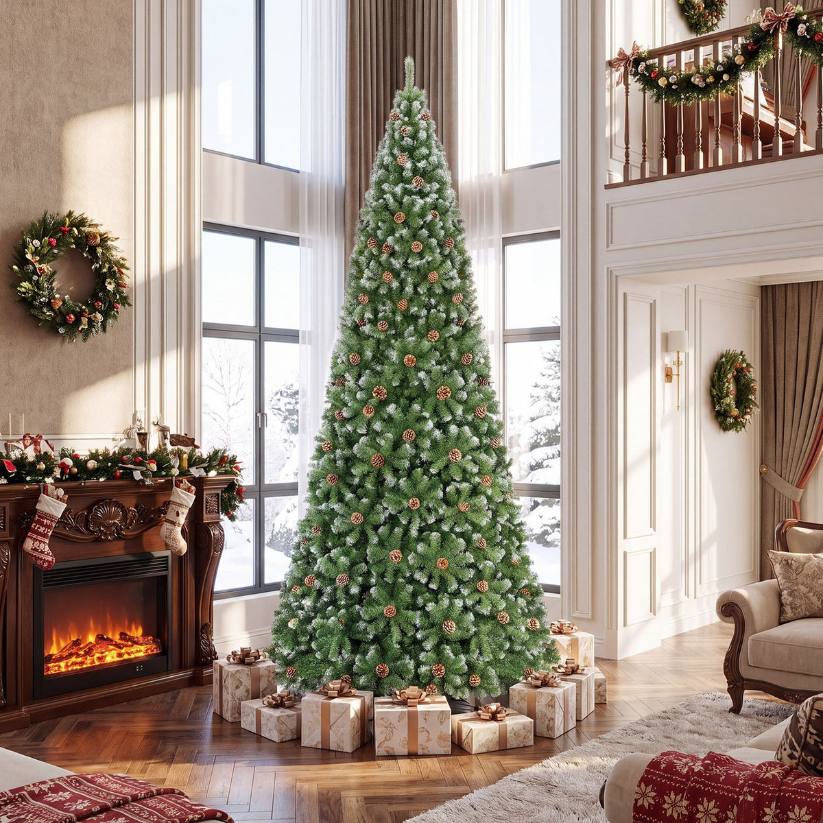 Decorated Christmas tree surrounded by gifts beside a fireplace in a bright living room.