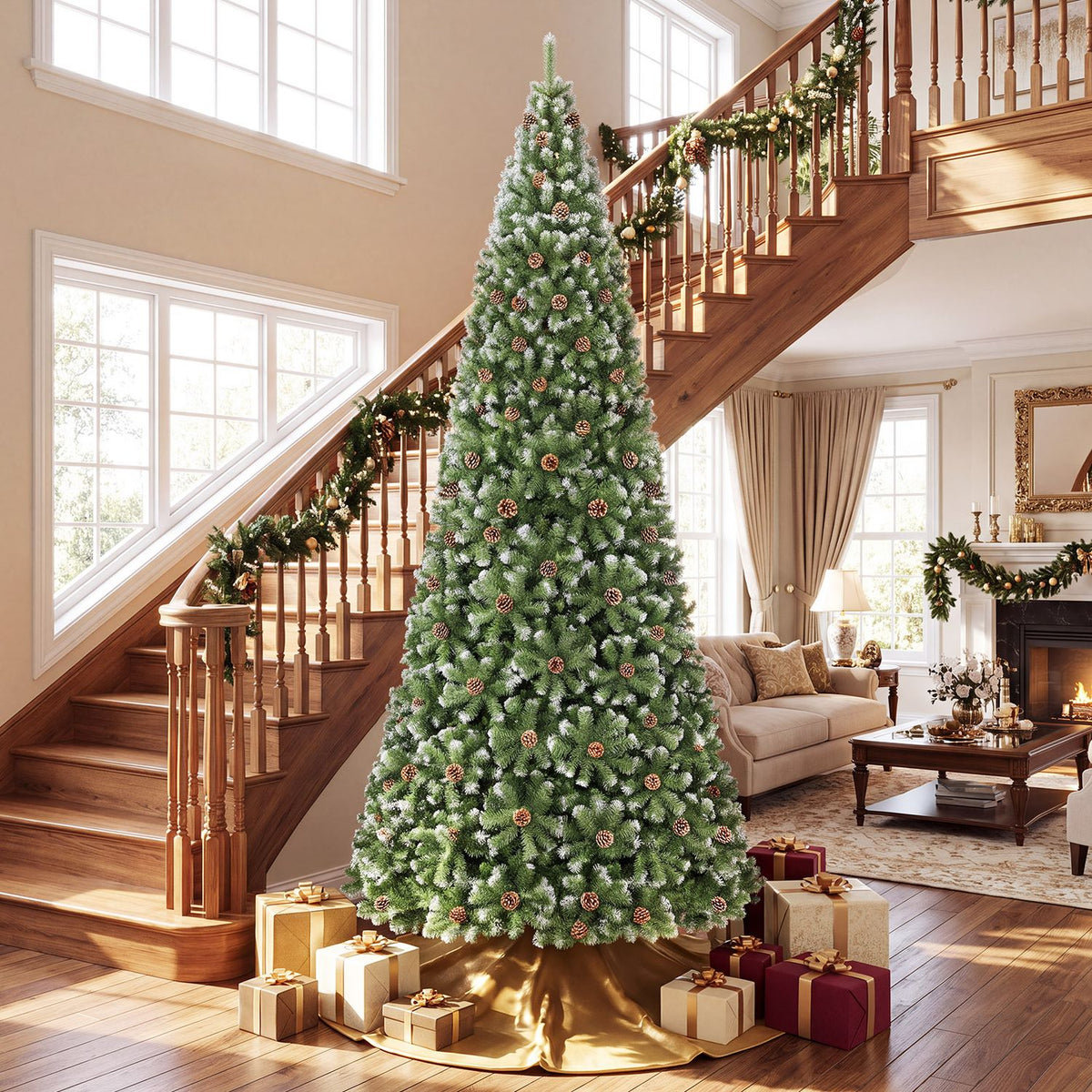 Decorated Christmas tree and wrapped presents in front of a wooden staircase and living room.