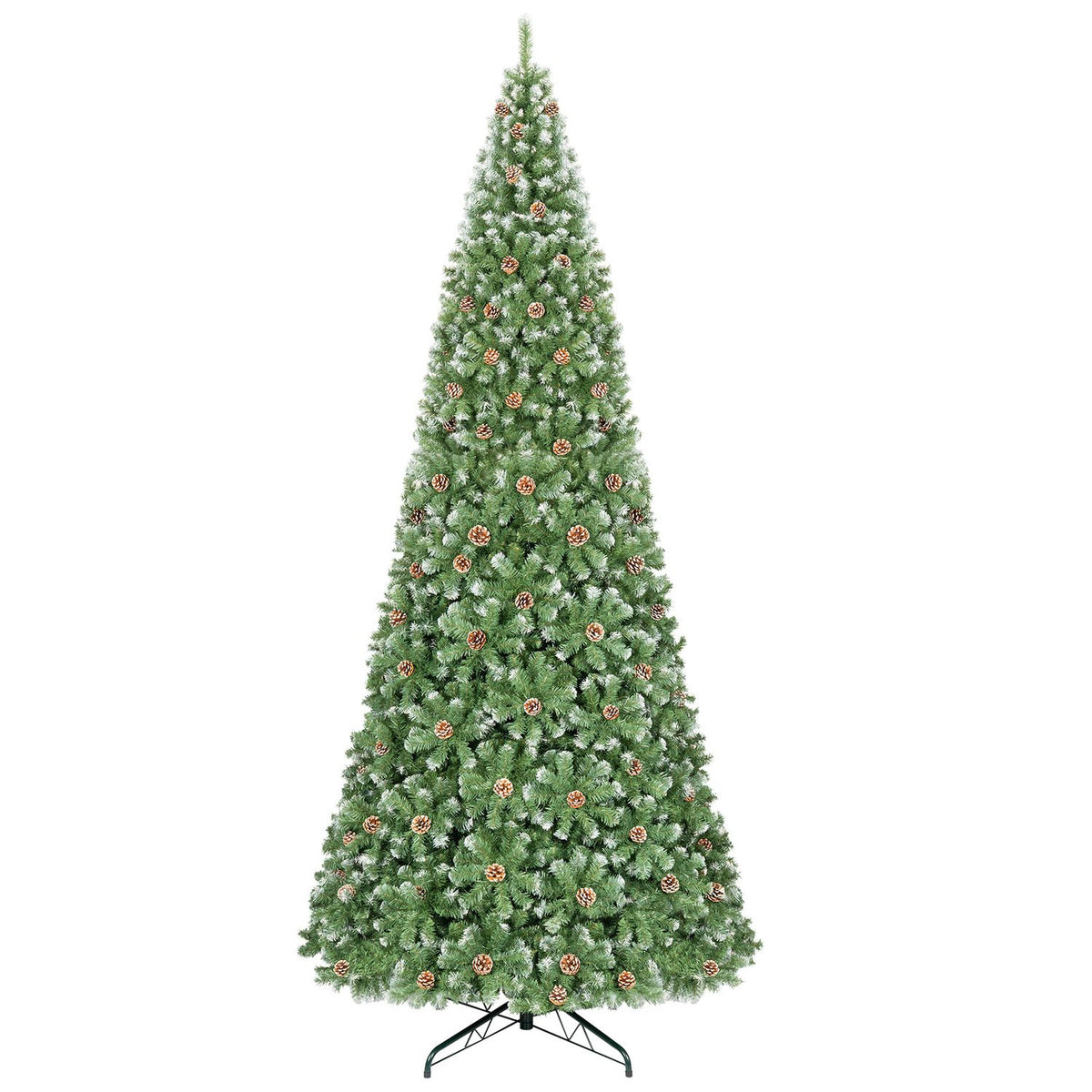 Full view of a decorated artificial Christmas tree on a metal stand against a white background.