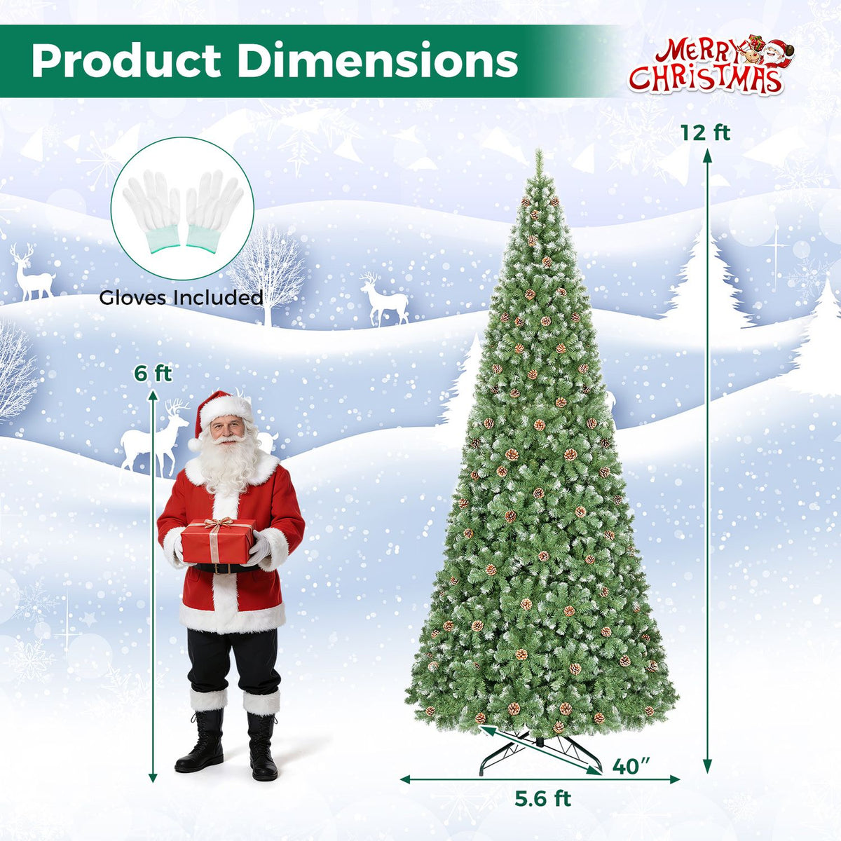 Illustrated Christmas tree with measurement arrows, a gloved-hands inset, and a Santa figure for scale.