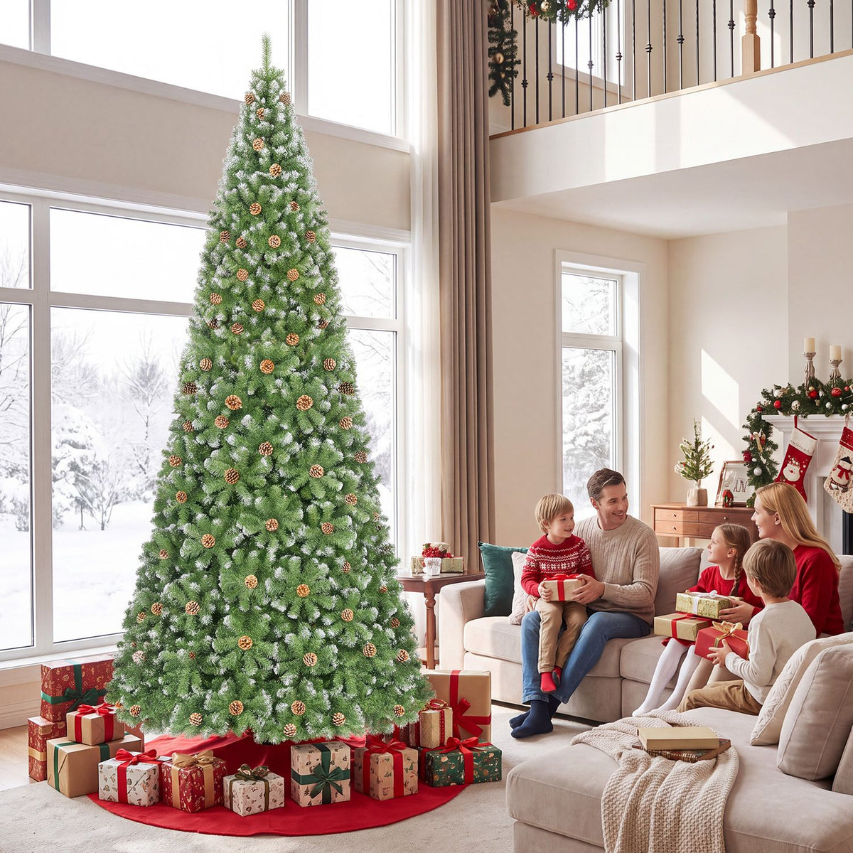 Tall decorated Christmas tree and wrapped gifts beside a family gathered on a sofa.