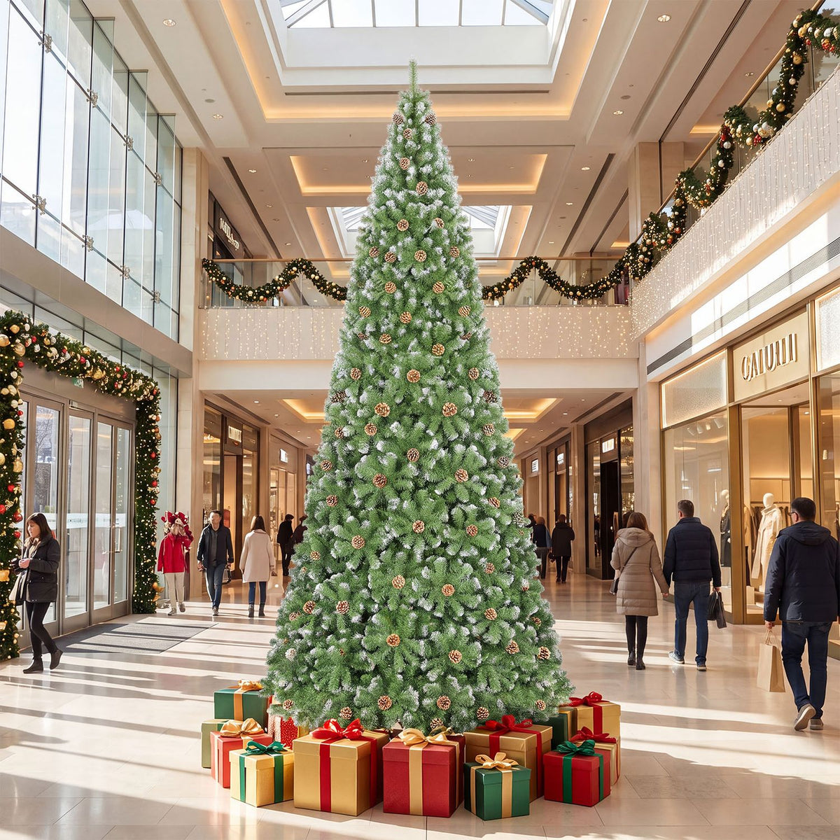 Decorated Christmas tree with colorful presents in a mall atrium as shoppers pass by.