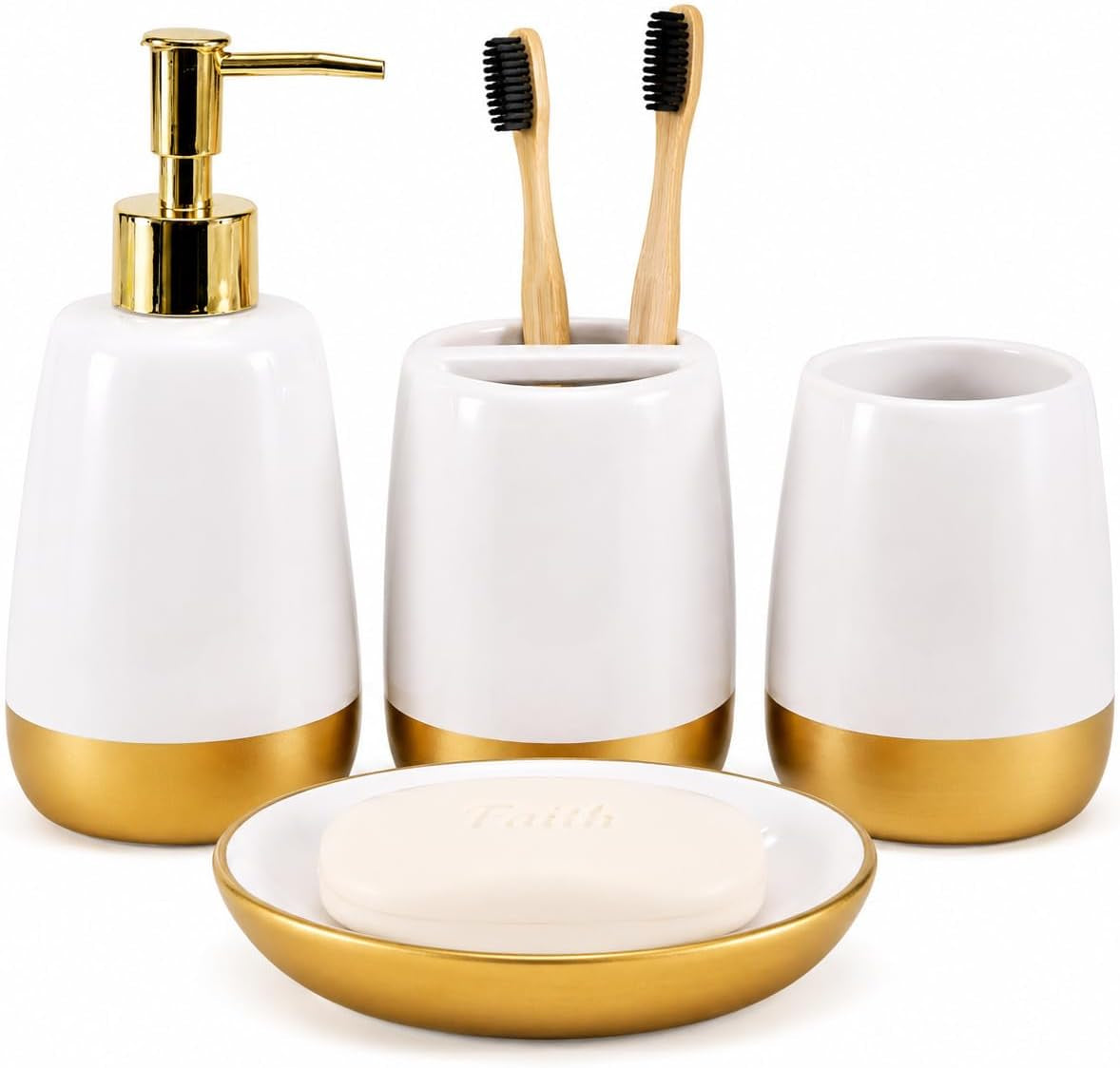 White ceramic 4-piece bathroom set with gold accents, close-up front view showing dispenser, toothbrush holder, tumbler and a