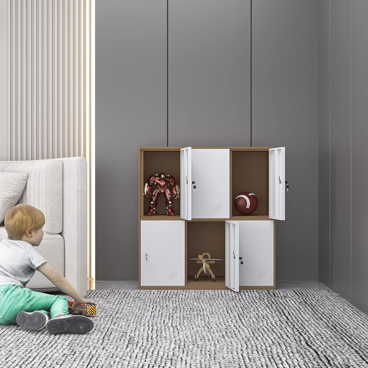 Small 6-compartment metal locker staged in a playroom with some doors open and toys visible inside