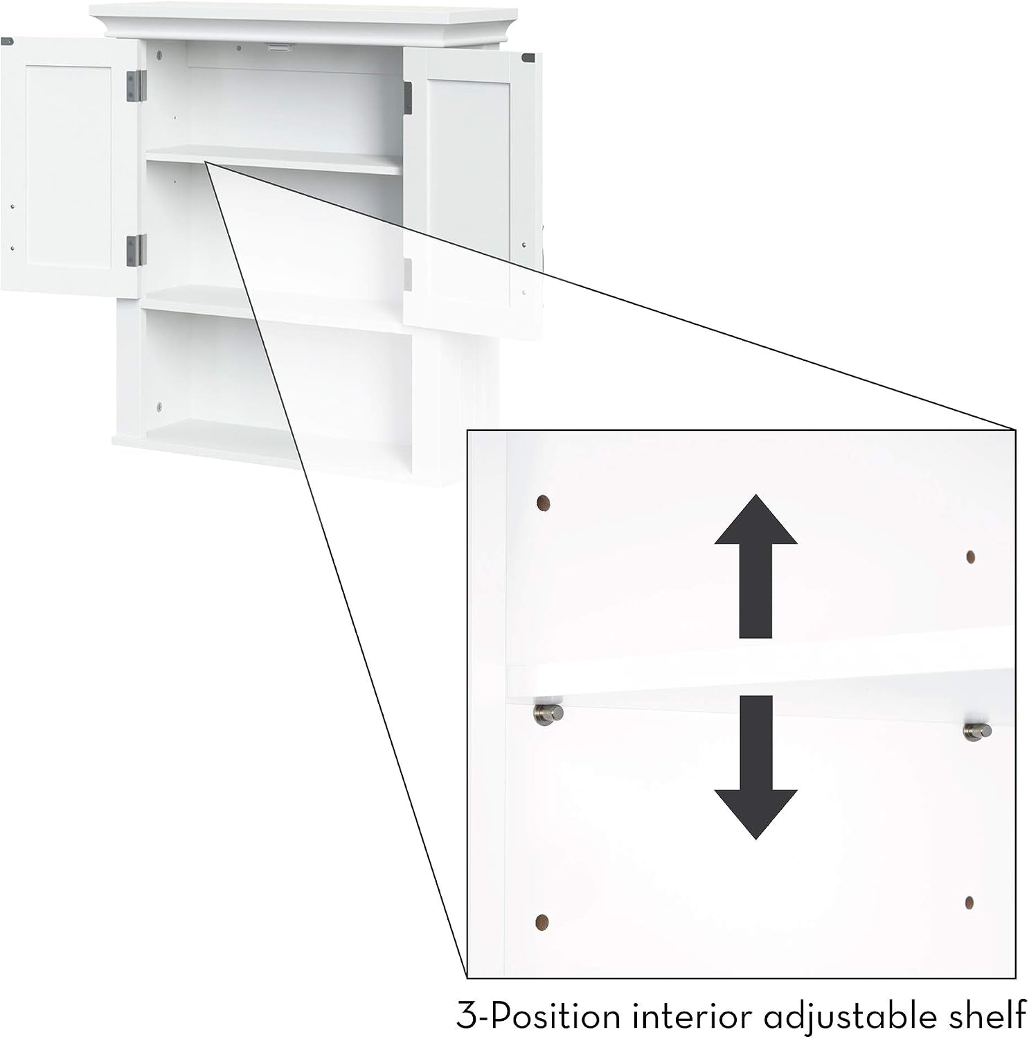 Open cabinet showing adjustable interior shelf with zoomed inset and vertical arrows indicating movement.