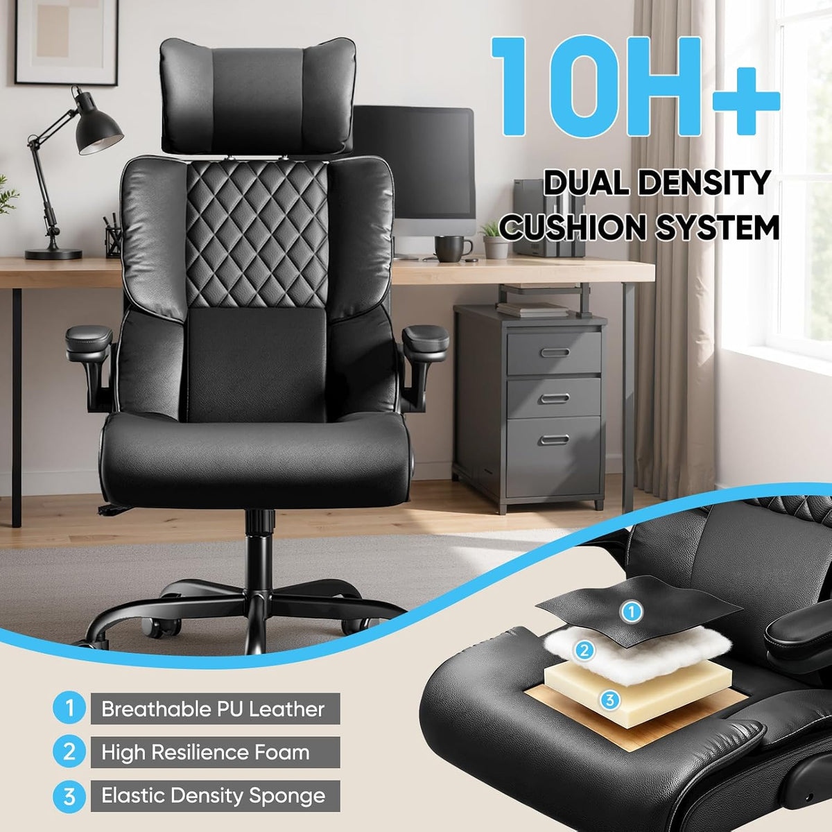 Front-facing view showing diamond-quilted back and graphic of breathable PU leather with foam layer callouts