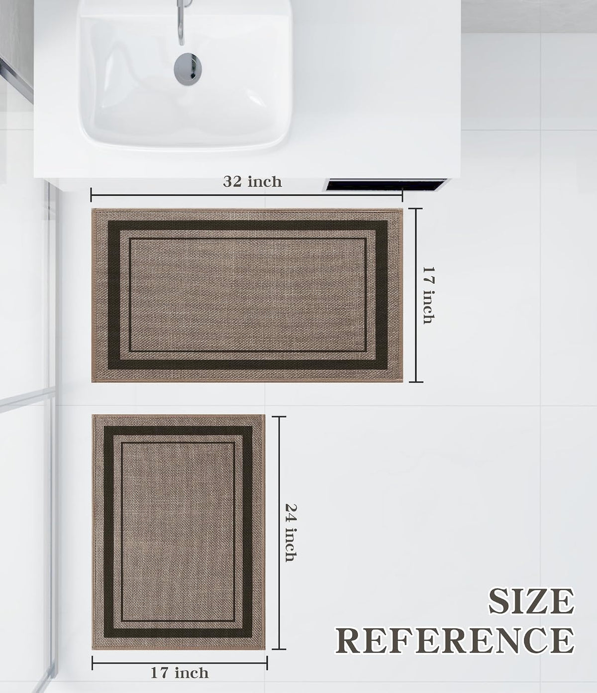 Overhead view showing both rugs with printed size references for the 17 x 24 in and 17 x 32 in mats placed under a sink