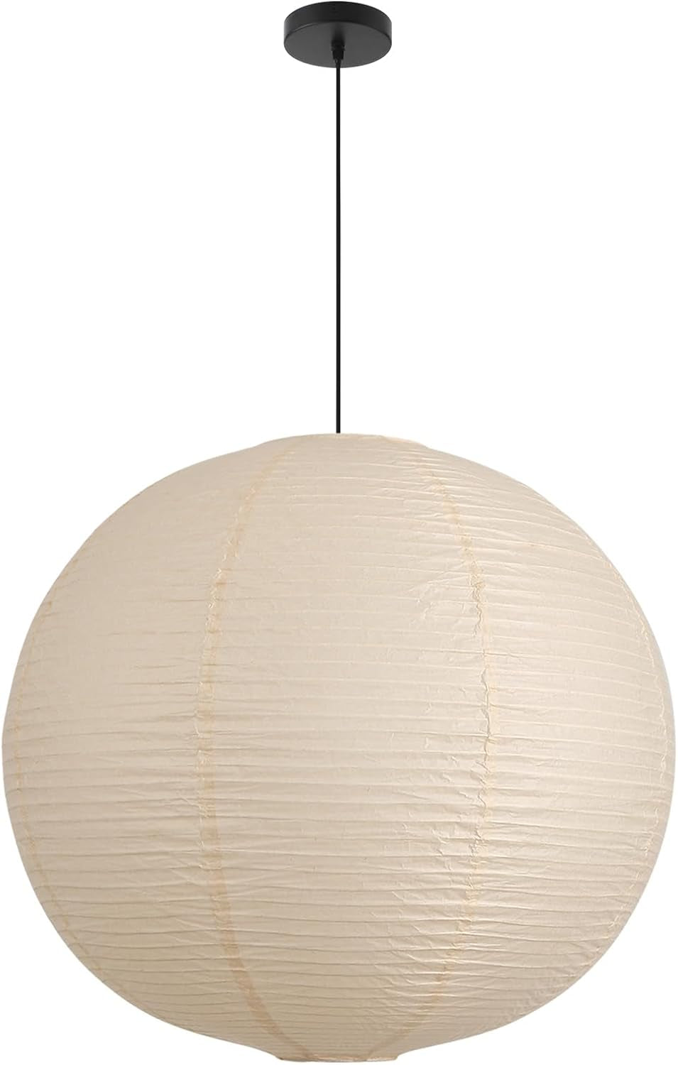 Off-white rice paper spherical pendant lamp close-up with black cord and round ceiling canopy