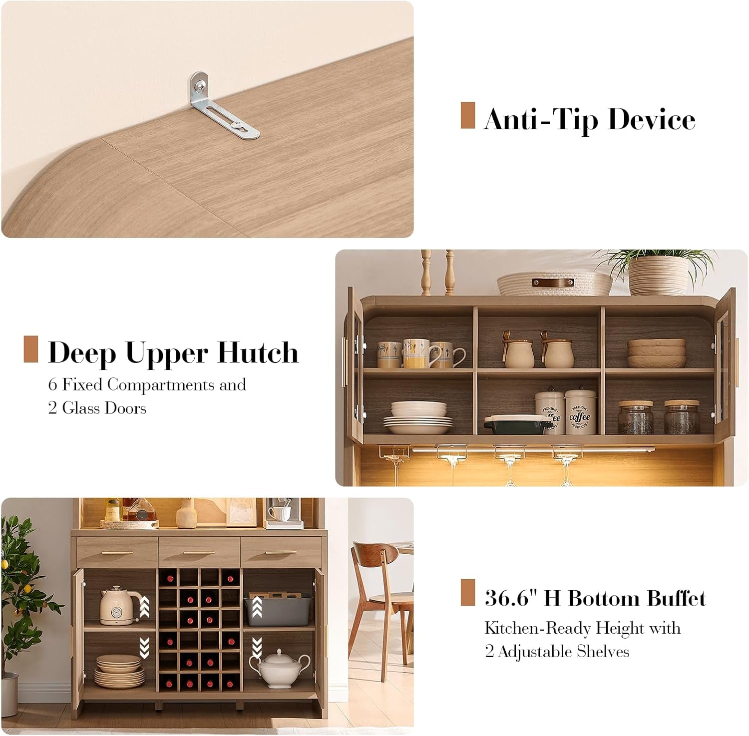 Collage of three close views: anti-tip bracket on top edge, open six-compartment hutch, and lower buffet with wine cubbies