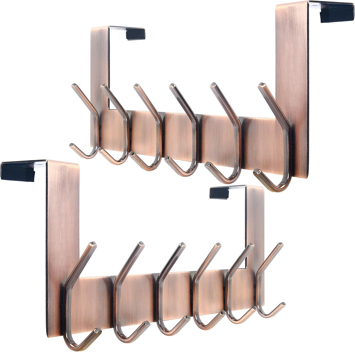 Front and angled views of the copper-toned six-hook over-the-door hanger shown from multiple angles