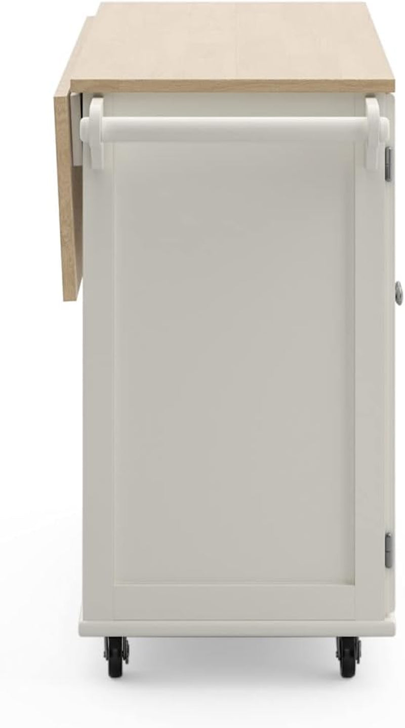 Off-white island from rear showing casters and folded drop-leaf alongside towel bar