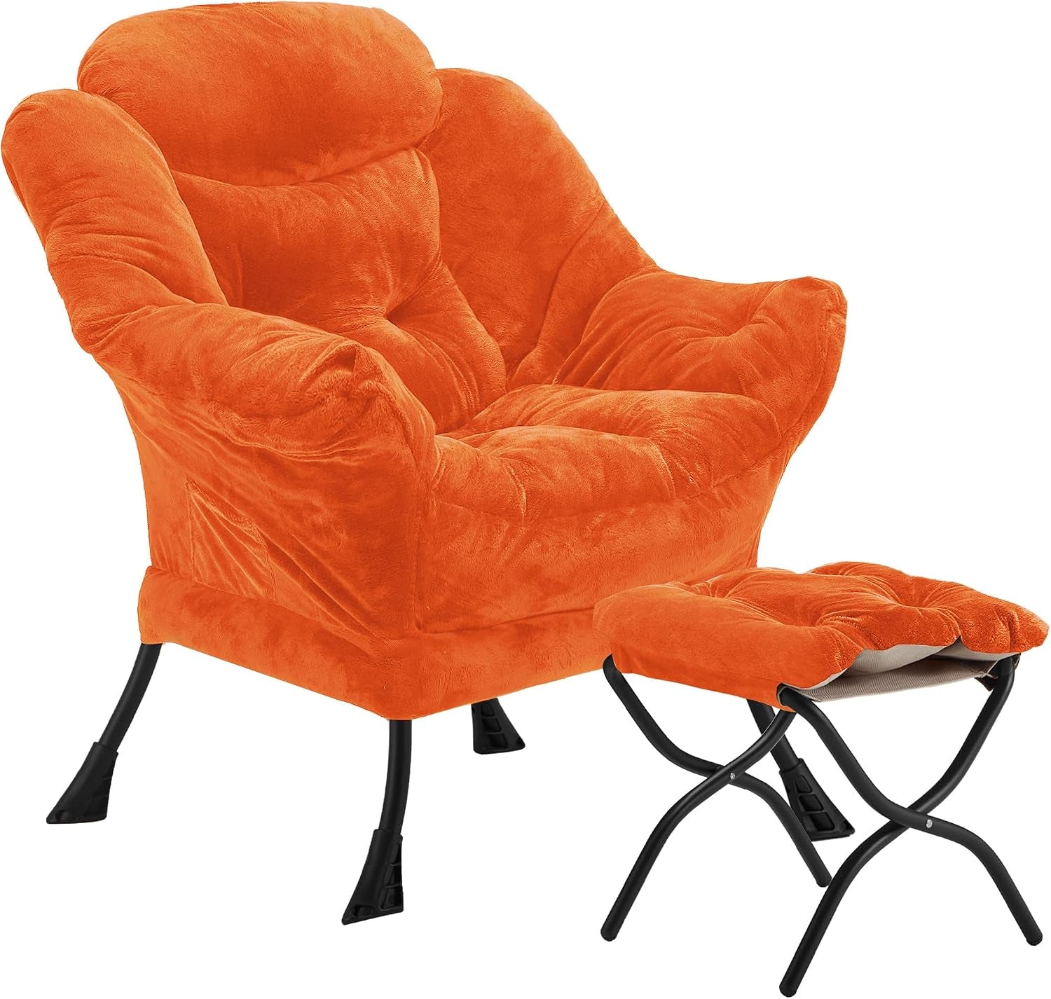 Soft orange velvet armchair paired with a cushioned folding ottoman and curved black legs