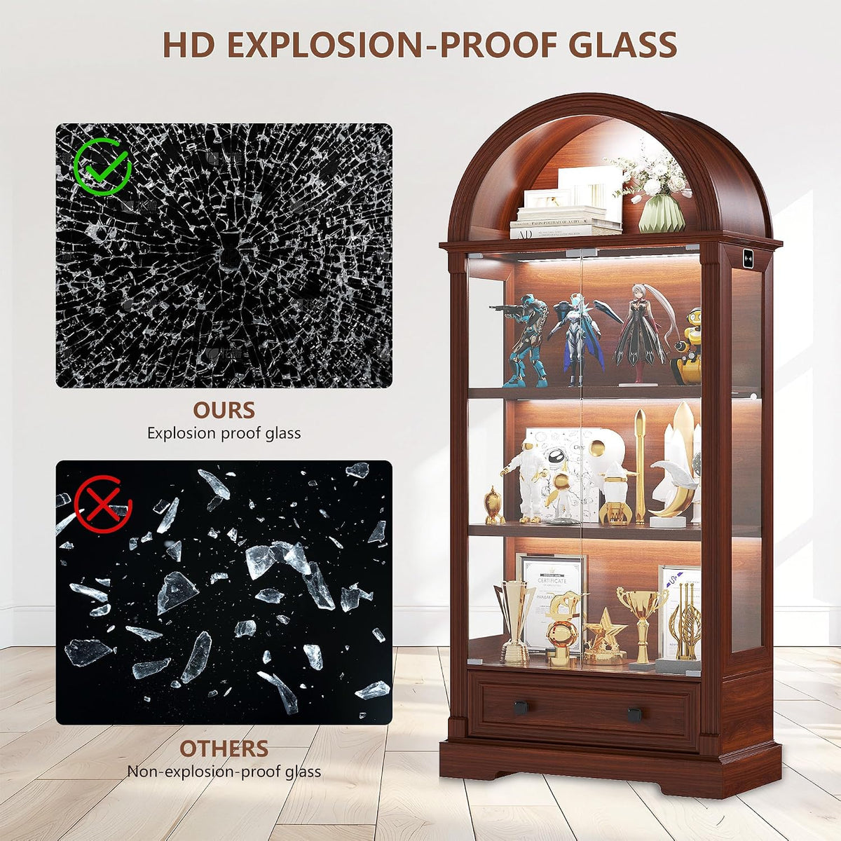 Side-by-side graphic comparing intact 'explosion-proof' glass to shattered glass next to the assembled cabinet.