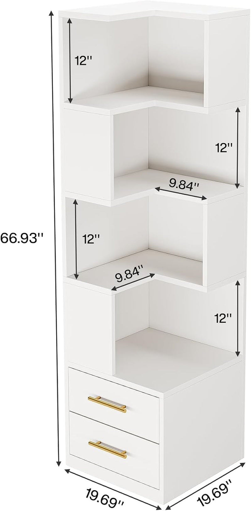 White corner bookcase shown in a dimensions diagram