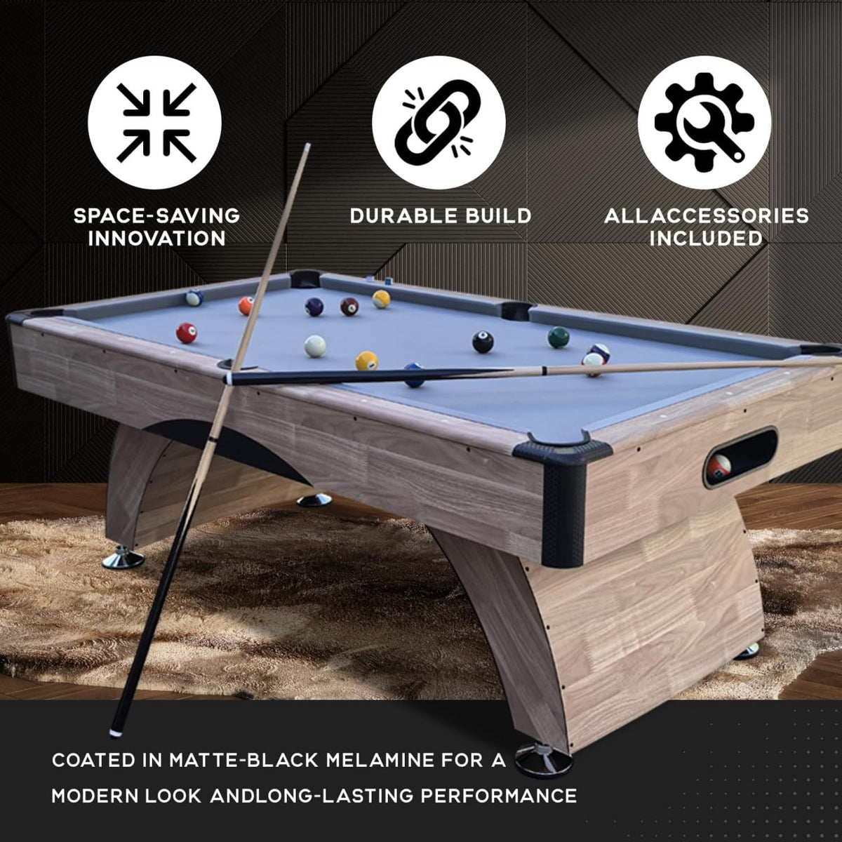 7 ft pool table in a modern game-room setting with grey-blue felt and a cue leaning against the rail