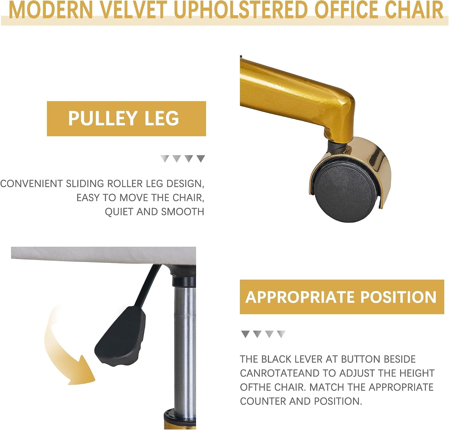 Close-up of gold caster wheel and black height-adjustment lever on the chair base
