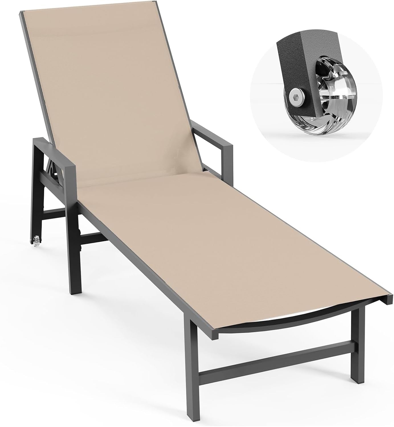 Khaki Textilene chaise lounge angled front view with a close-up caster wheel inset