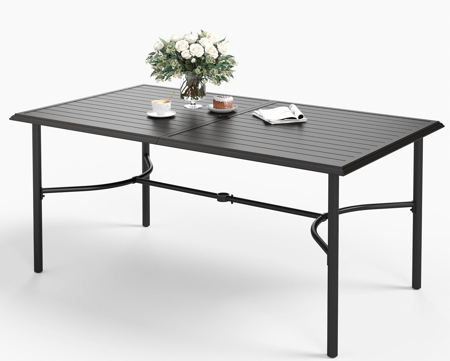 Straight-on studio view showing the table's slatted top, straight legs and central umbrella collar.