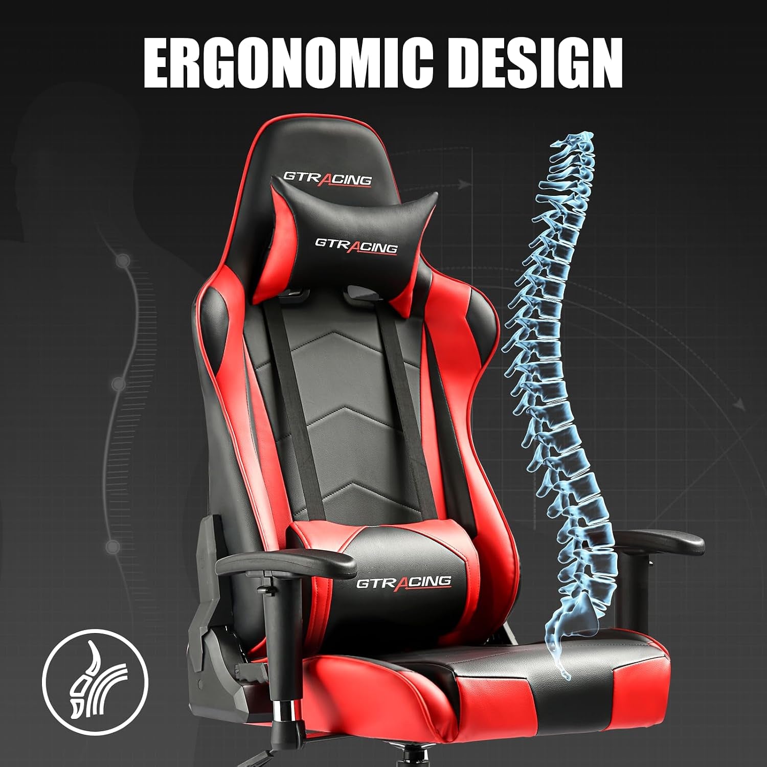 Close front-angle of the red and black gaming chair highlighting lumbar support and ergonomic back profile with spine graphic