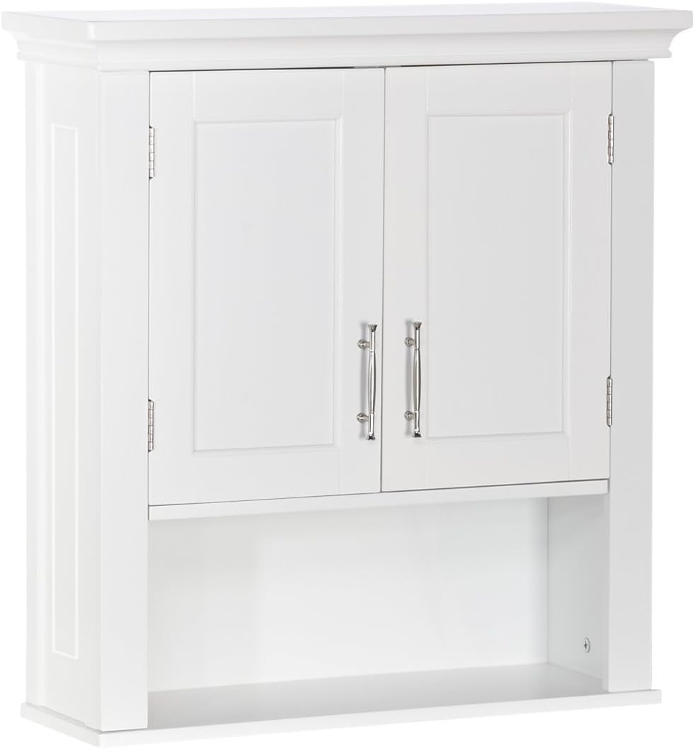 White two-door wall medicine cabinet front view showing inset doors, mirrored-satin handles and open bottom shelf