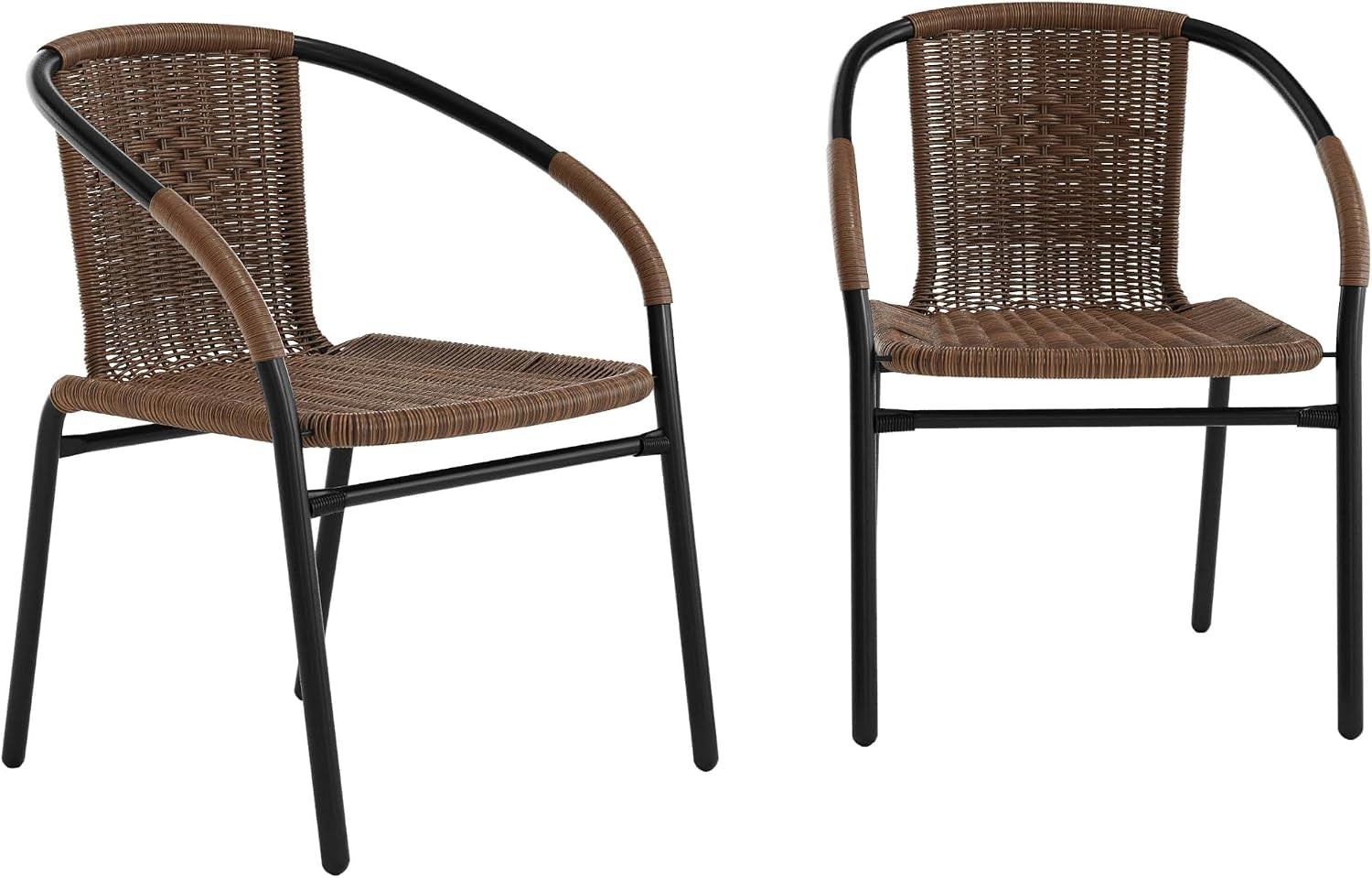 Two dark brown rattan dining chairs showing front and side views on a plain white background with curved backs and armrests