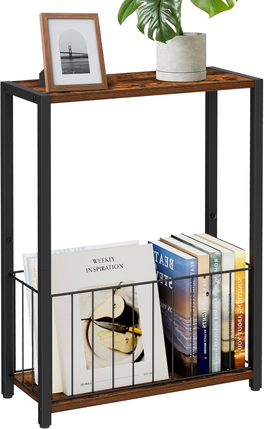 Single side table with dark wood top, black metal legs and a wire magazine basket holding books