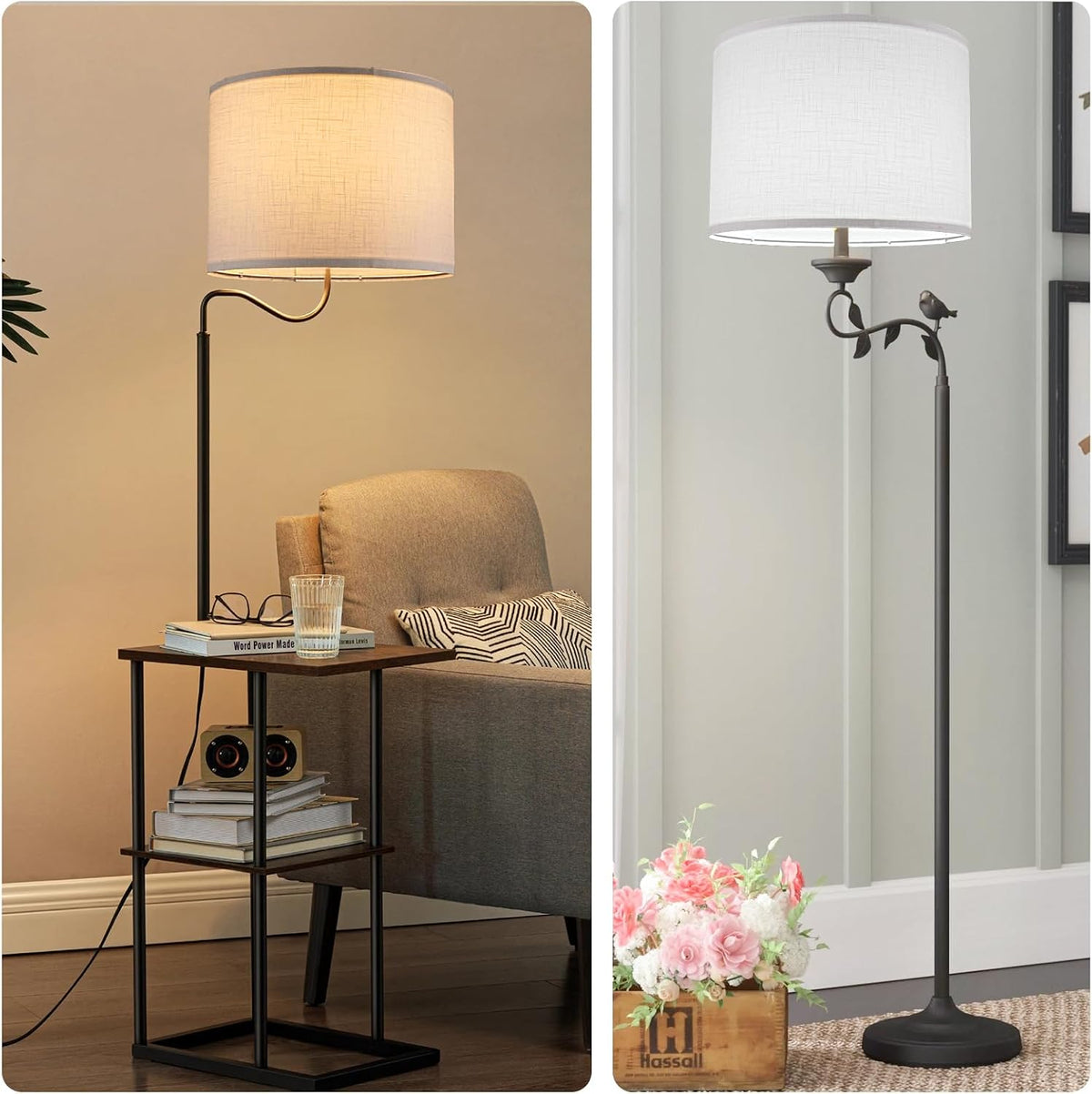 Three lighting examples of a white drum shade demonstrating warm white, natural white and daylight effects