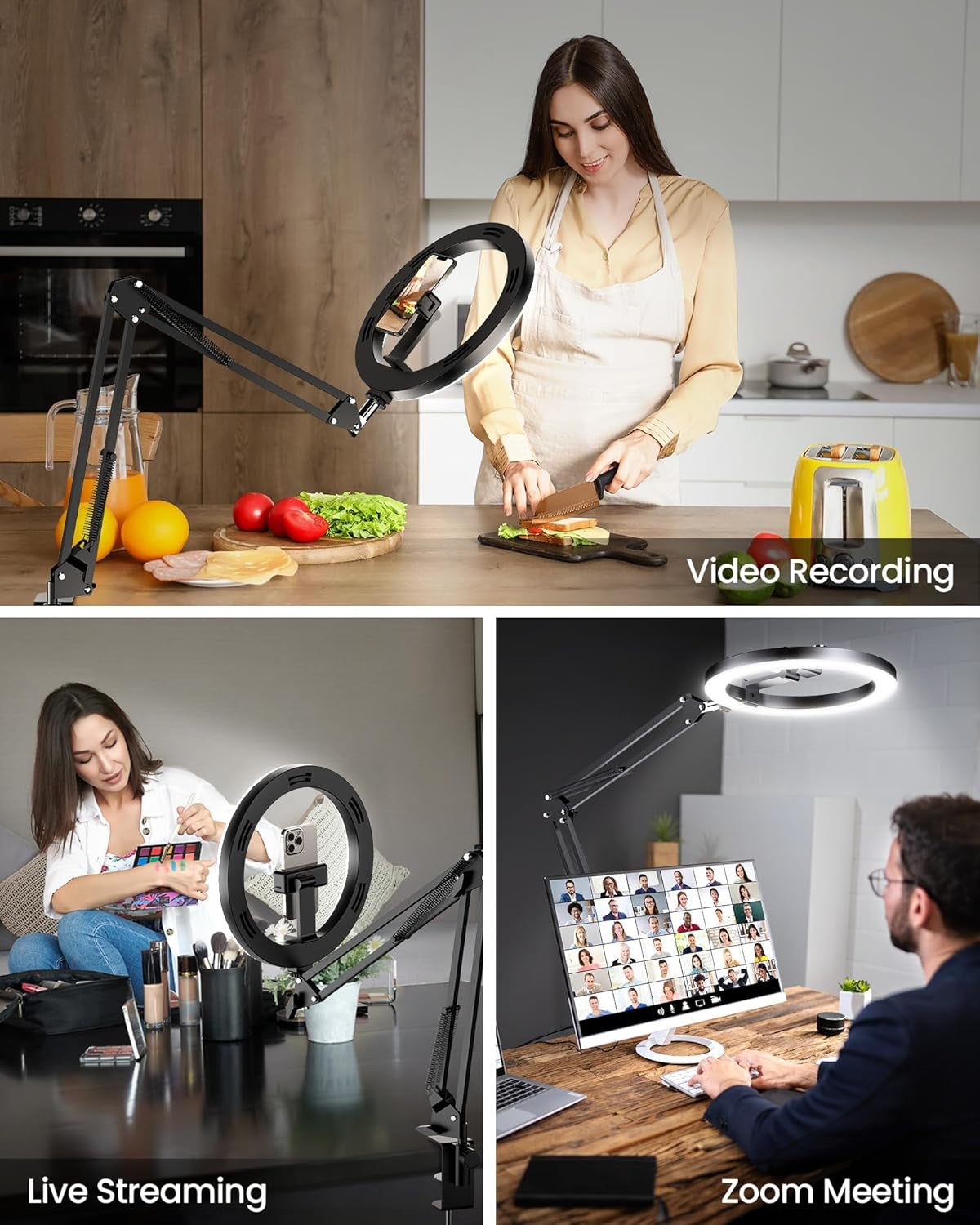 Ring light and arm positioned over a kitchen counter with a phone in the holder for top-down video recording