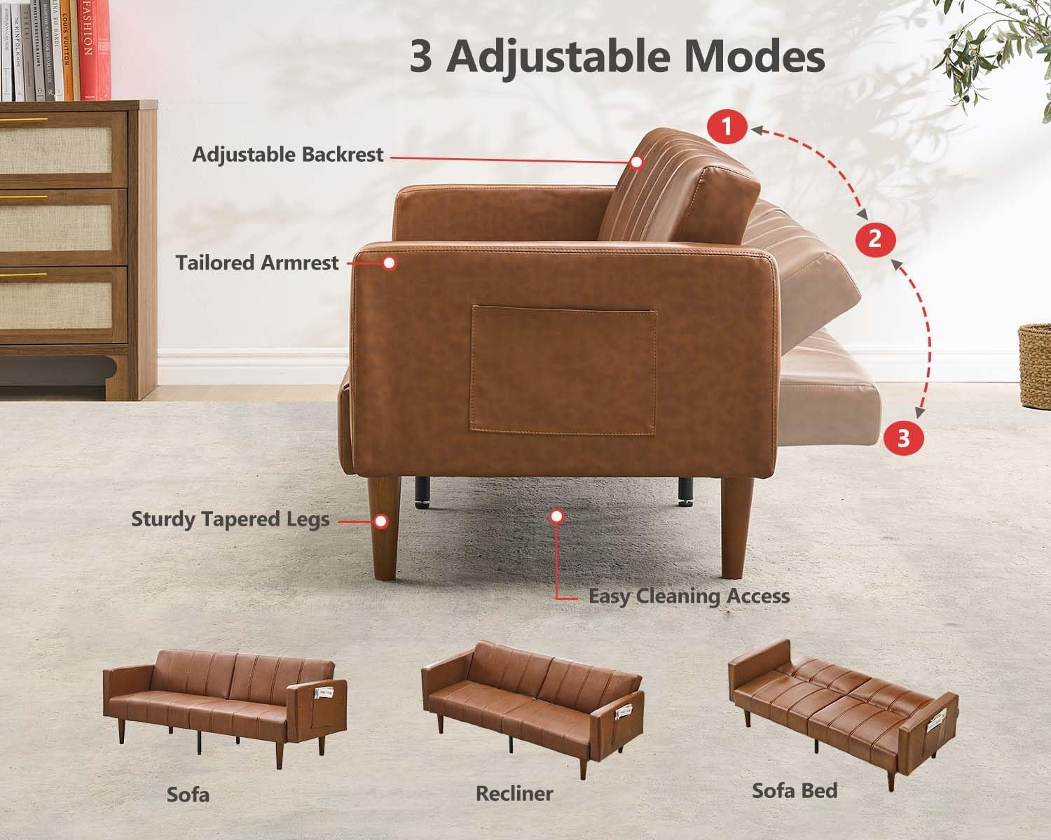 Side view diagram of the futon showing three backrest positions with small inset images of sofa, recliner, and sofa bed