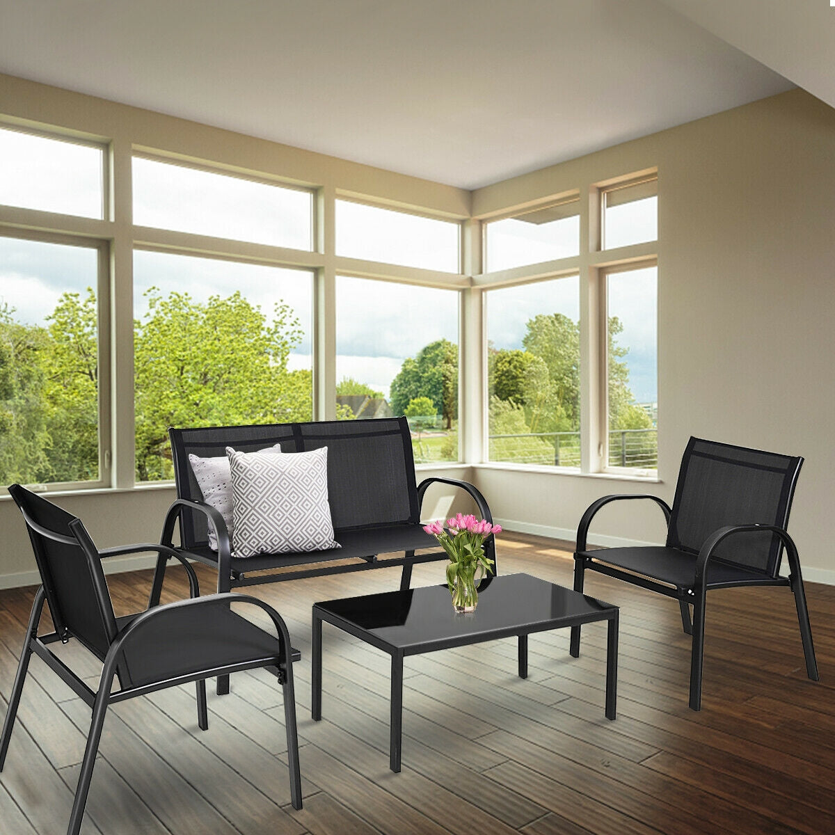 4 Pieces Patio Furniture Set with Glass Top Coffee Table, Black