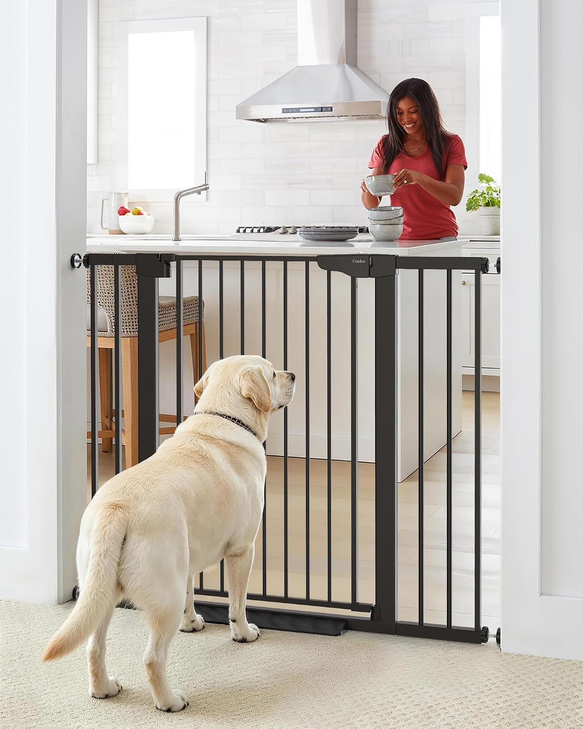 Black metal safety gate mounted in a doorway with a Labrador standing in front and a kitchen visible beyond.