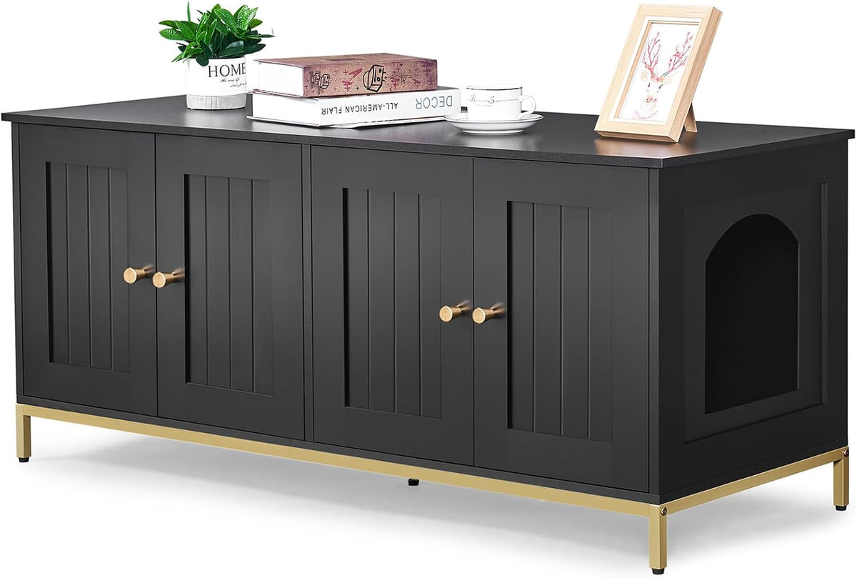 Long frontal shot of the black four-door cabinet highlighting the extra doors and side arched opening.