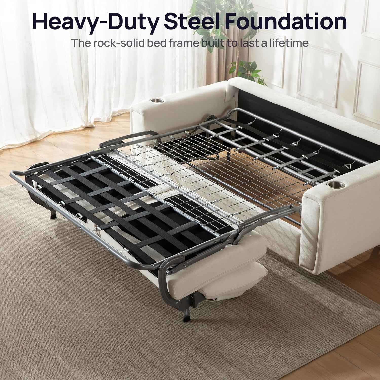 Open metal bed frame with grid of rods and cross-woven support straps showing heavy-duty steel foundation