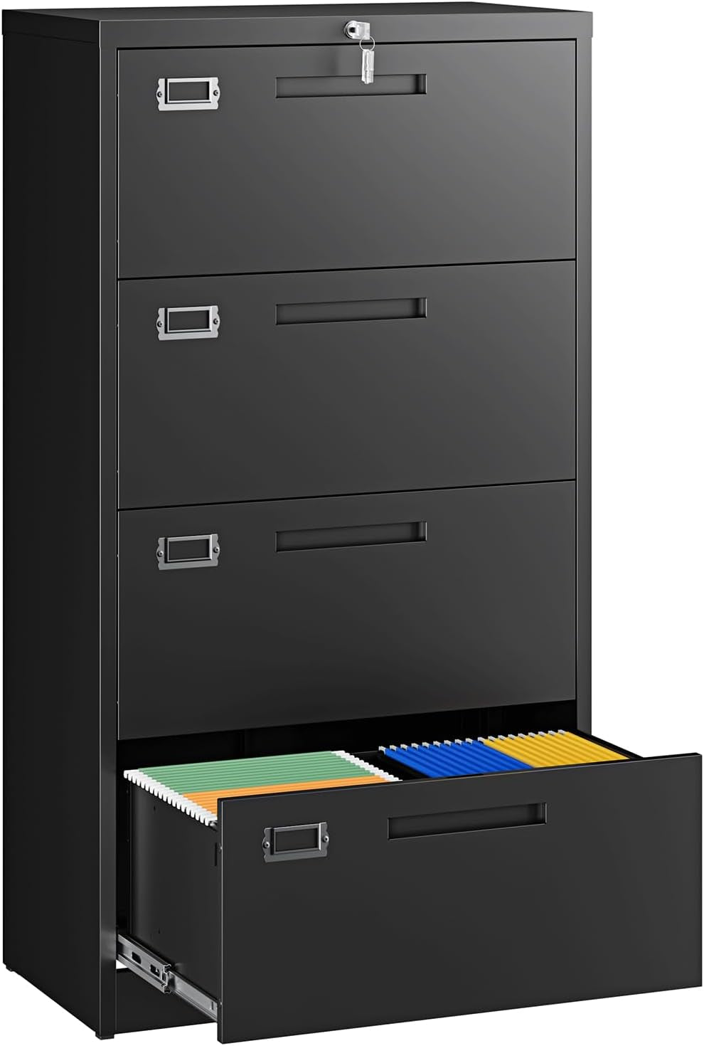 Black three-drawer metal filing cabinet with bottom drawer open revealing colored hanging files.