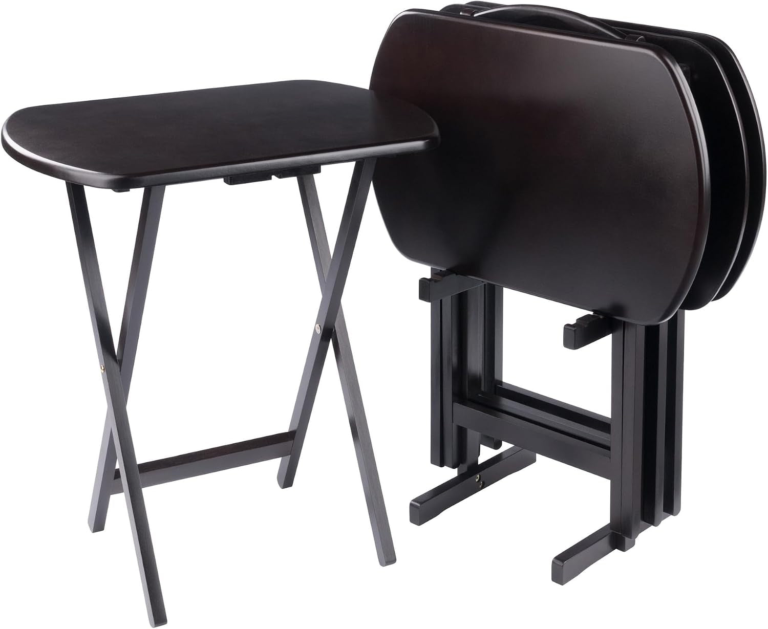One black foldable snack table open beside two black tables folded and nested on a stand.