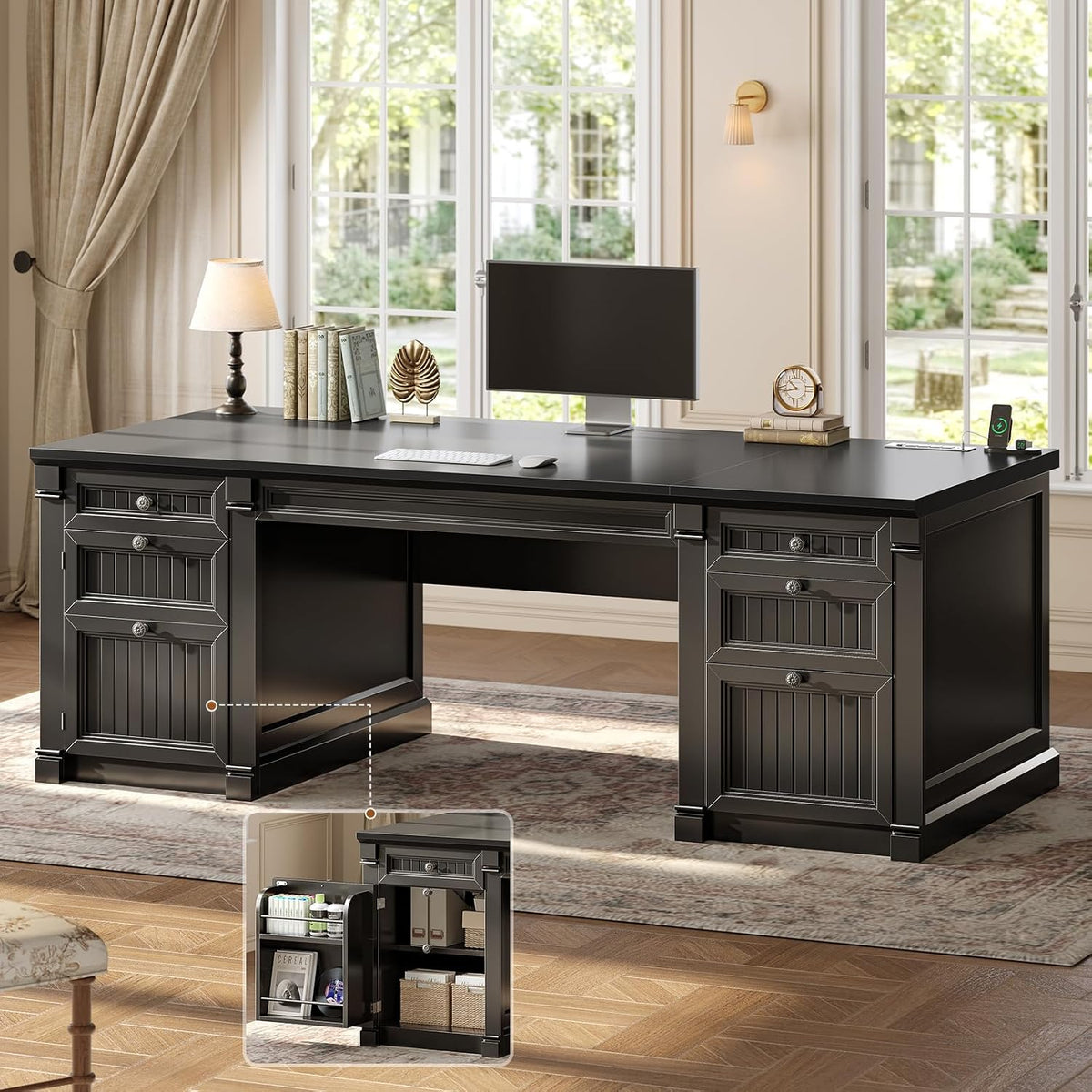 Front view of the desk in black finish showing paired drawer stacks and center knee space with a small inset showing