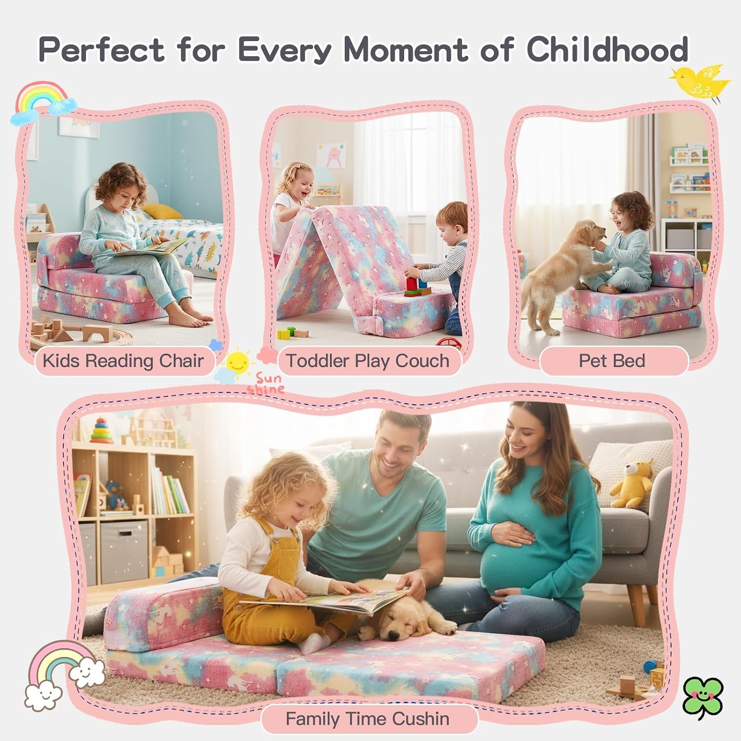 Family scene with parents, a child and a puppy sitting and reading on the unfolded pink unicorn floor cushion in a bright