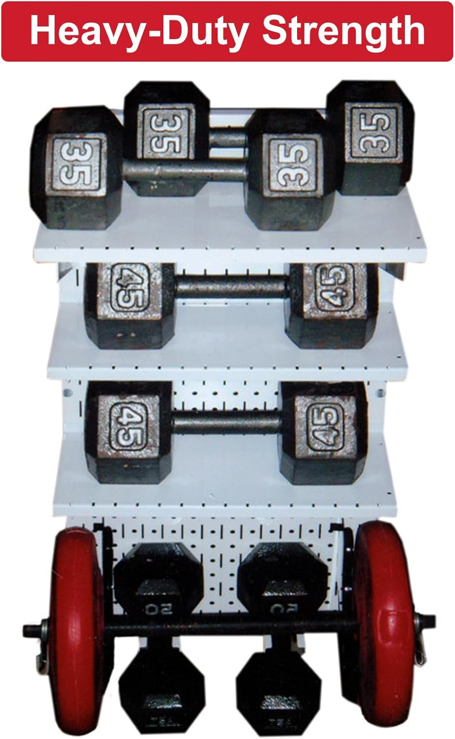 Front view of a multi-tier pegboard rack holding dumbbells and a barbell with red plates