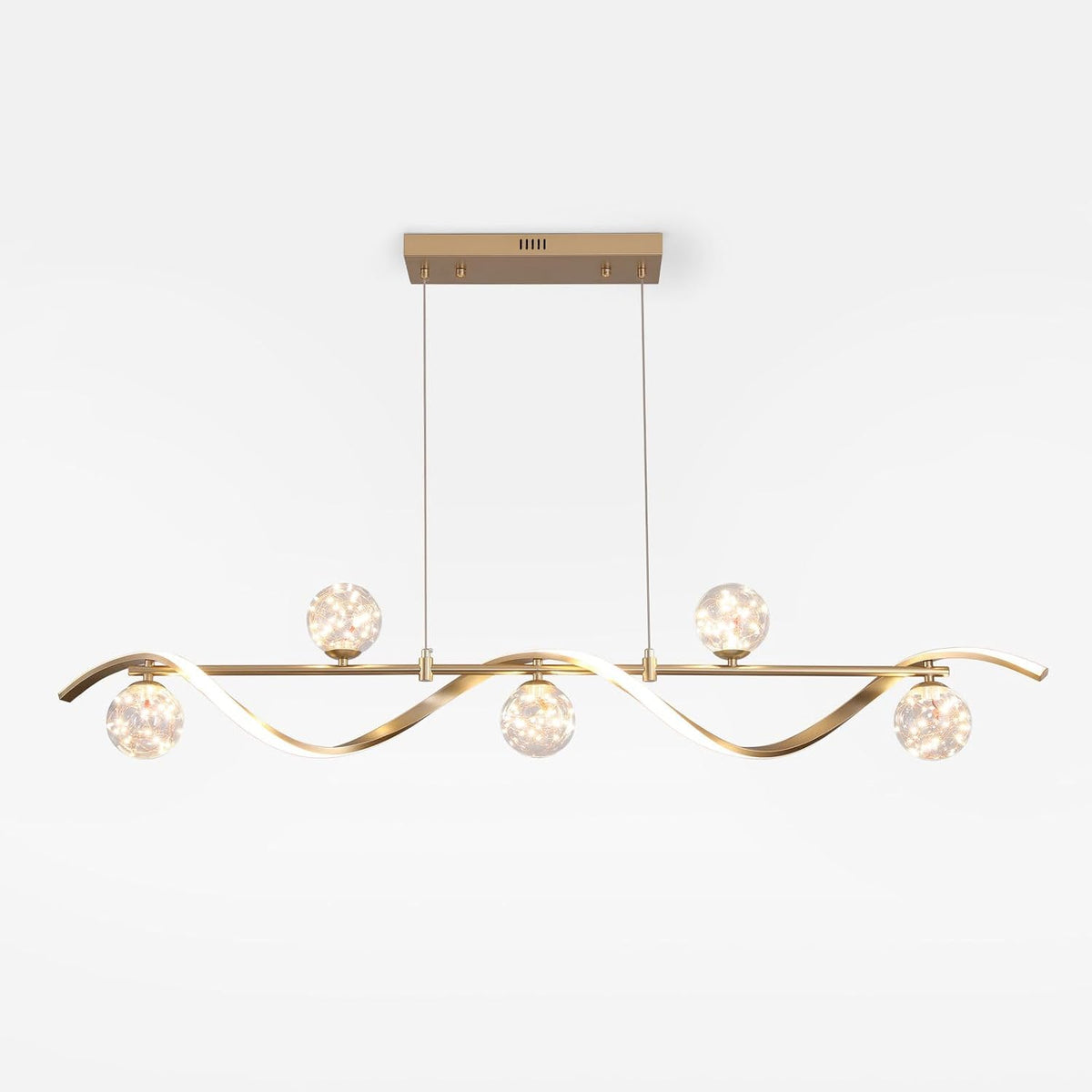 Full linear chandelier shown from below on a white background, displaying wave arms and lit globe shades.