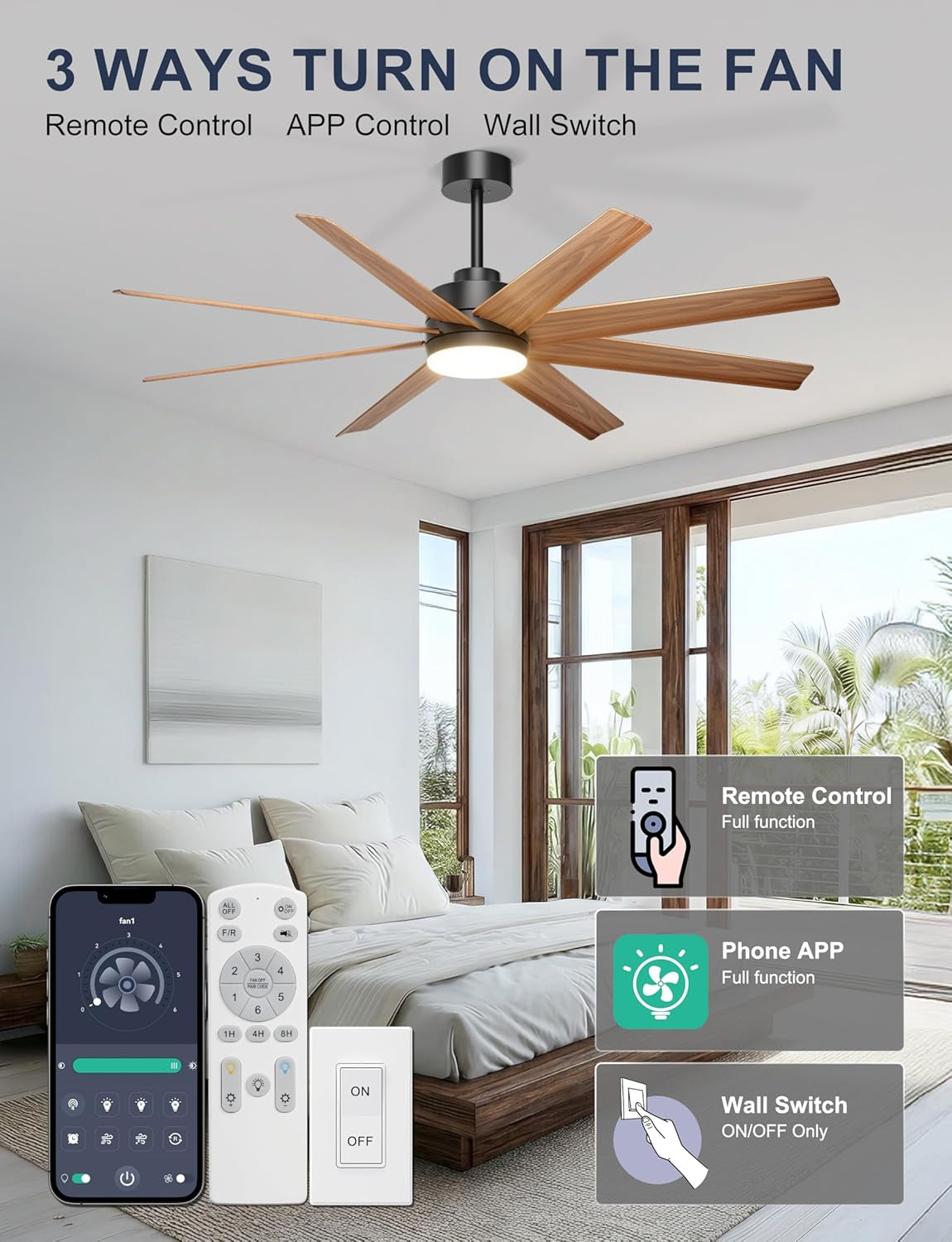 Wood-grain 8-blade ceiling fan installed in a bedroom with remote and phone app controls shown