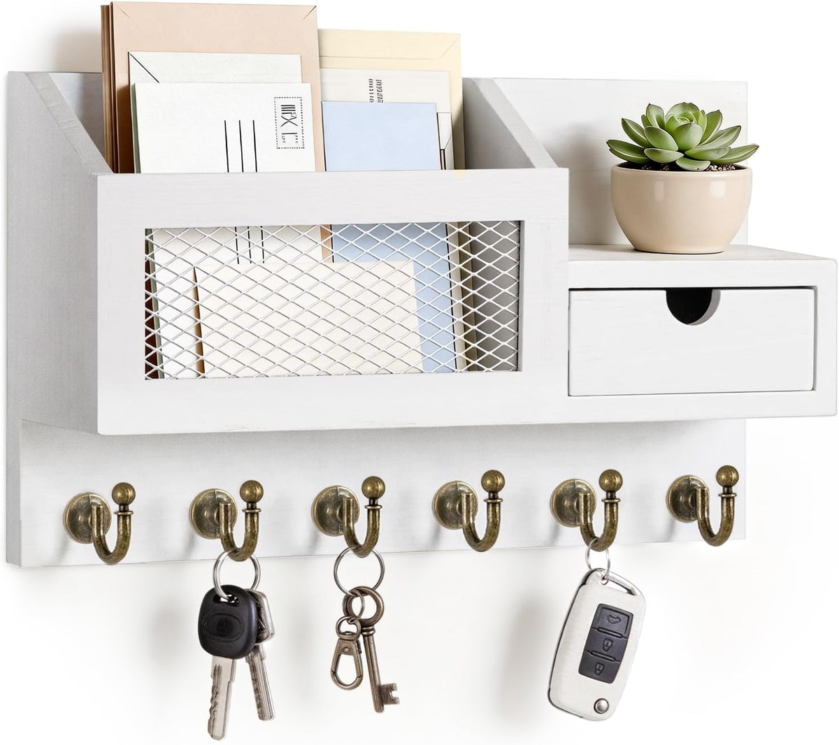 White organizer with diamond metal mesh front panel, small right-side drawer and keys hanging below